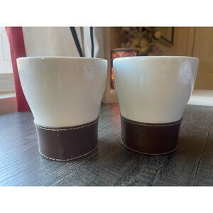 Pair White Ceramic Mugs Cups Brown Faux Leather Stitched Sleeves contemporary